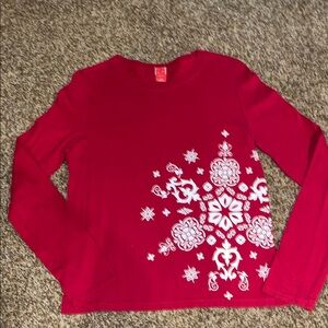 Red Long Sleeve Tee with White Snowflake Design